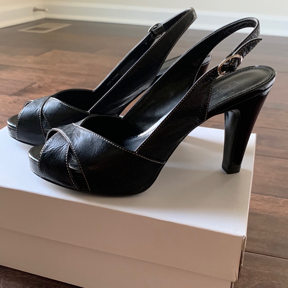 LOFT Christina Black Leather Platform Peep Toe Slingback Heels Size 6.5